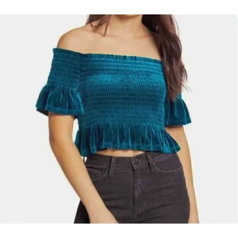 BP. Green Velour Off Shoulder Smocked Crop Top Size Large